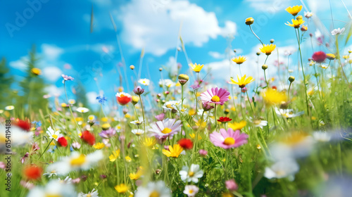 Colorful summer flower field with blue sky created with Generative AI