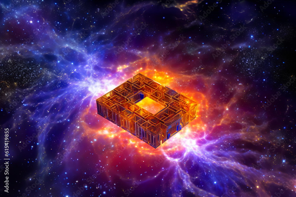 Spectacular microprocessor amidst cosmic storm, surrounded by vibrant ...