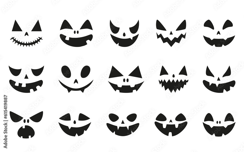 Collection of funny and scary ghost or pumpkin faces for Halloween. Illustration on transparent background Collection of funny and scary ghost or pumpkin faces for Halloween. Illustration on transparent background