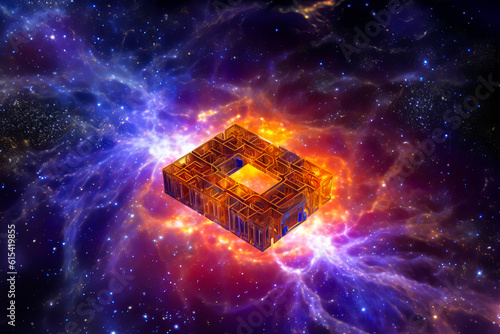 Spectacular microprocessor amidst cosmic storm, surrounded by vibrant, swirling nebulae and bright star clusters, emitting pulsating energy for evocative impact. Generative AI