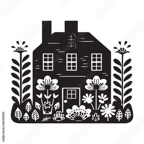 Cute rustic cottage motif in homestead vintage style. Vector illustration of whimsical rural country house. 