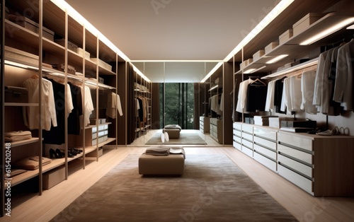 A luxury wardrobe room full with clothes with sofa. © hugo