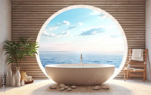Luxury bathroom with a bathtub at the seaside view.