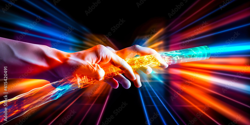 Captivating clinical test relay with ethereal hands passing a stylized