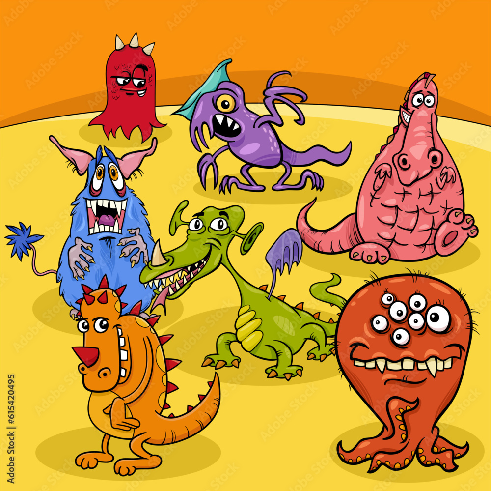 cartoon funny monsters fantasy characters group Stock Vector | Adobe Stock
