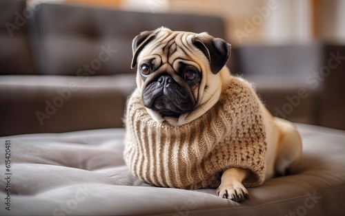 Pug wearing cloth sit on sofa.