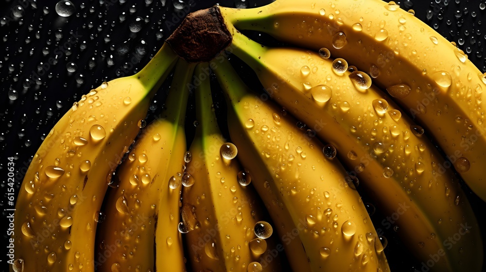 Overhead Shot of Bananas with visible Water Drops. Close up.
