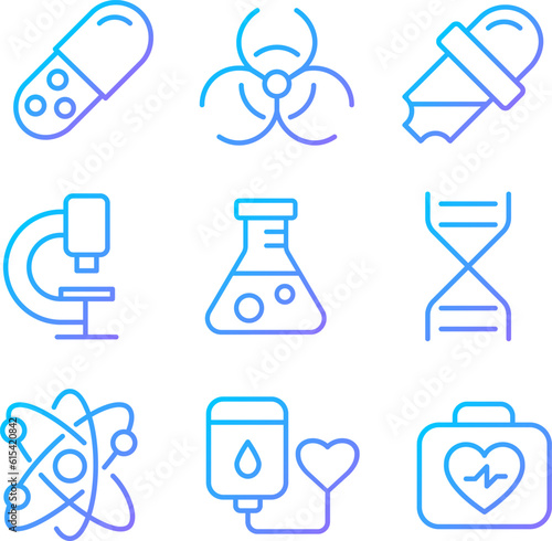 Science related pixel perfect gradient linear vector icons set. Medicine and biology. Healthcare research. Thin line contour symbol designs bundle. Isolated outline illustrations collection