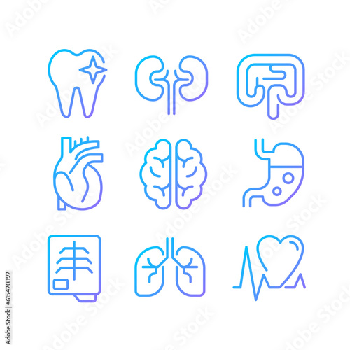 Organs regular checkup pixel perfect gradient linear vector icons set. Medical service. Disease treatment. Thin line contour symbol designs bundle. Isolated outline illustrations collection