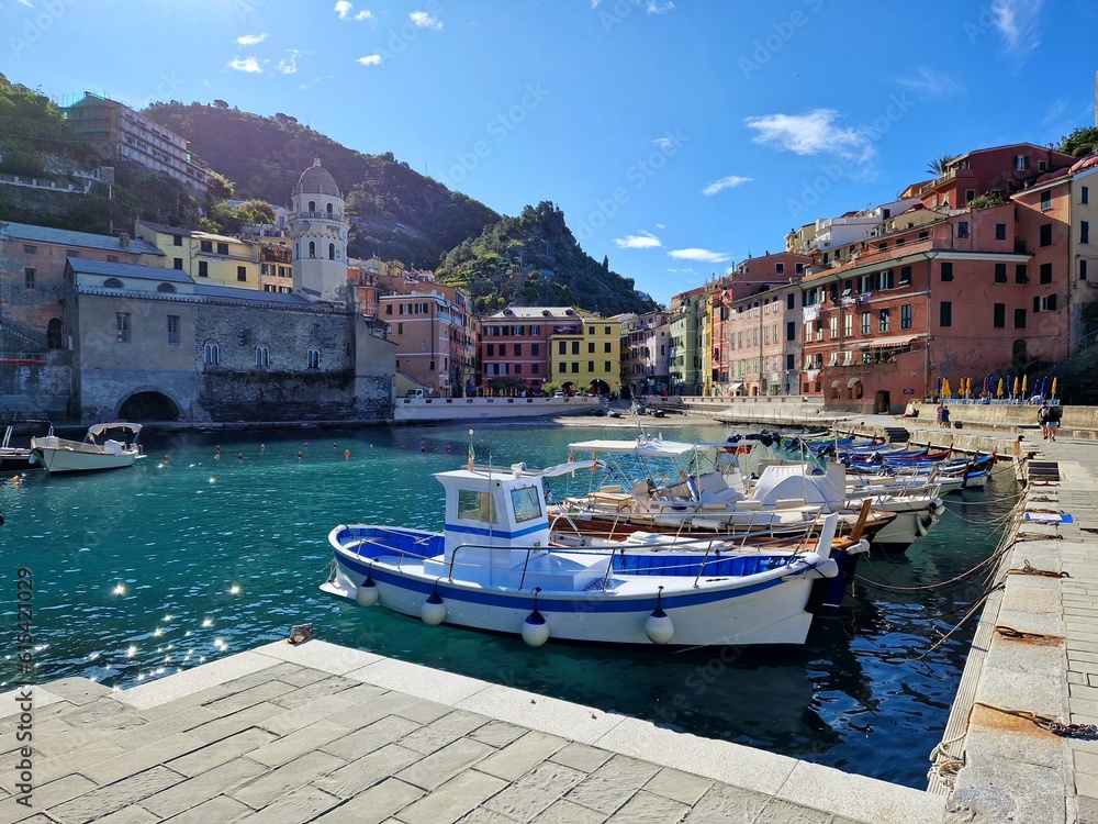 View of old harbor or port of Vernazza, Cinque Terre, Liguria, Italy on a sunny spring day