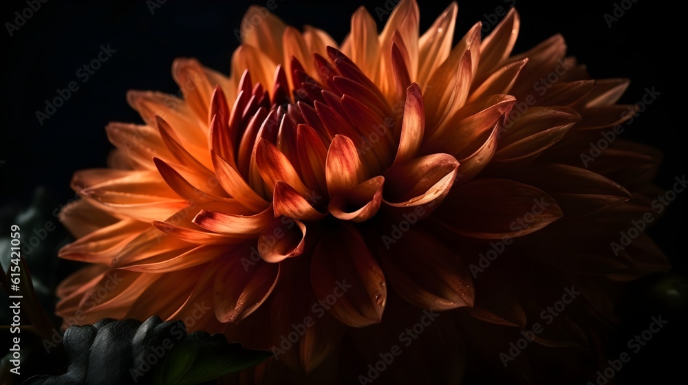 Macro close up shot of beautiful orange dahlia flower head on black background. Generative AI technology. Macro close up shot of beautiful orange dahlia flower head on black background. Generative AI technology.