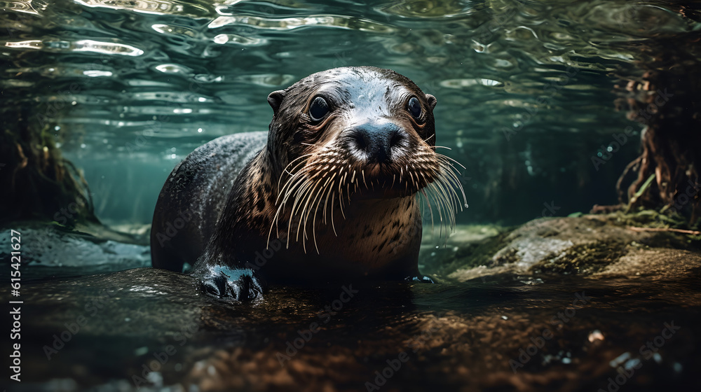 Obraz premium Giant River Otters in Freshwater Environments. Generative AI