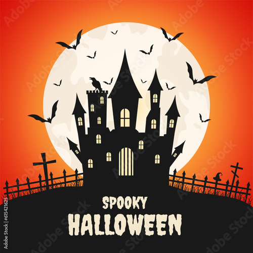 Spooky Halloween background with casttle.Bats on the background of the full moon.Halloween design.Vector illustration