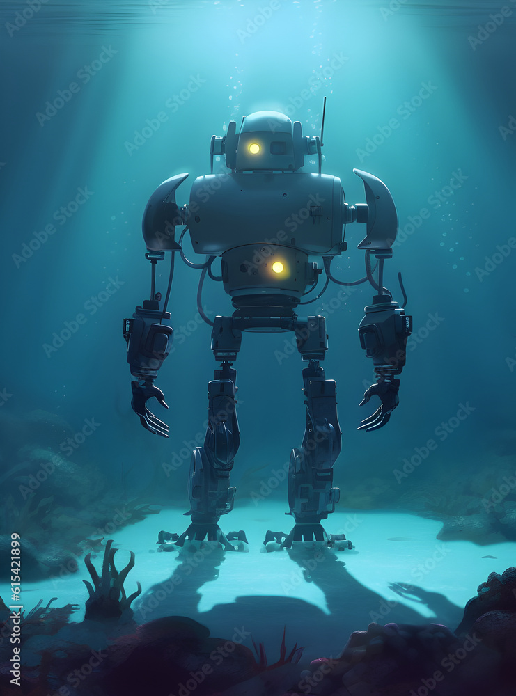Fototapeta premium A humanoid robot in silver color walks across the landscape of the sandy ocean floor.
