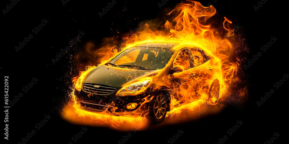 Spectacular fiery car scene with engulfed flames, evoking intense emotion and the aftermath of an accident. Unforgettable capture for impactful visuals. Generative AI