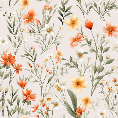 Seamless pattern of soft and dreamy wildflowers on a pink background.  Generative AI