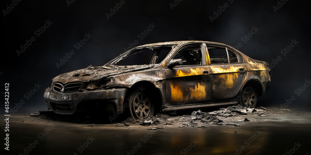 Fototapeta premium Poignant contrast between charred remains of new car and its pristine past, isolated on gray backdrop. Symbolizes resilience, recovery, perfect for businesses in transformative phases. Generative AI