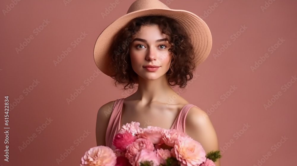 spring girl with long and wavy hair . Beautiful brunette model woman with hairstyle on background of flowers, generative AI tools spring girl with long and wavy hair . Beautiful brunette model woman with hairstyle on background of flowers, generative AI tools