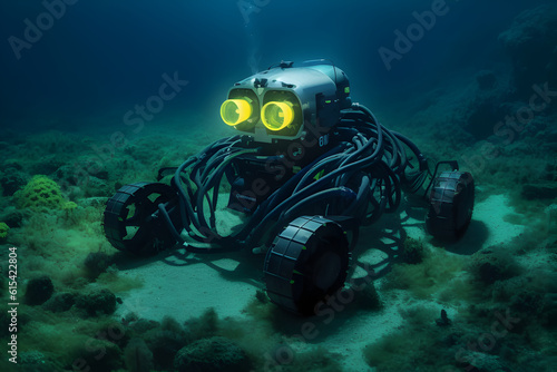 Wallpaper Mural Underwater robots with spotlight eyes on the bottom of the ocean depths on sand and underwater plants. Torontodigital.ca