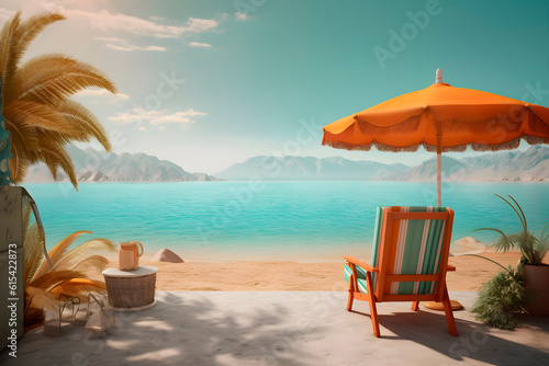 Sea Beach with mountain view  relax and recreation concept  realistic 3D illustration  generative ai