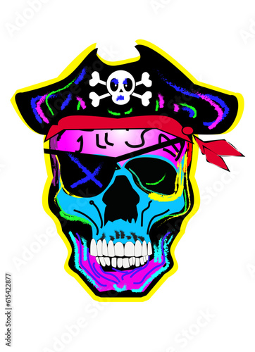 Skull vivid hand draw pirate illustration, with one eye.