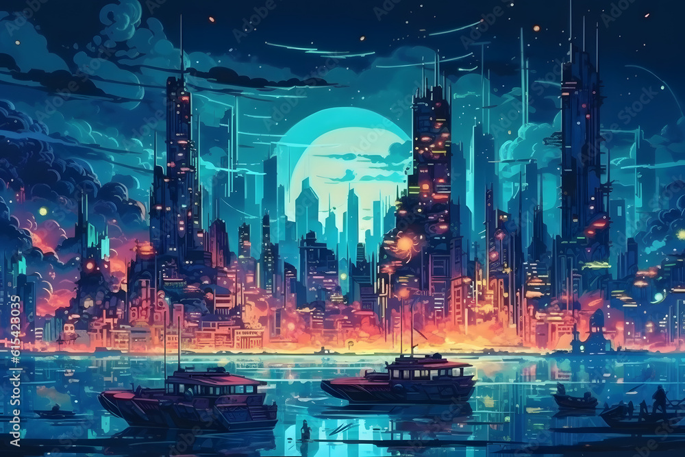 Beauty of a Waterfront Metropolis at Night. Generative AI Beauty of a Waterfront Metropolis at Night. Generative AI