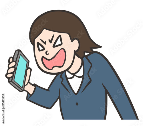 携帯電話でクレームを言うスーツをきた会社員の女性