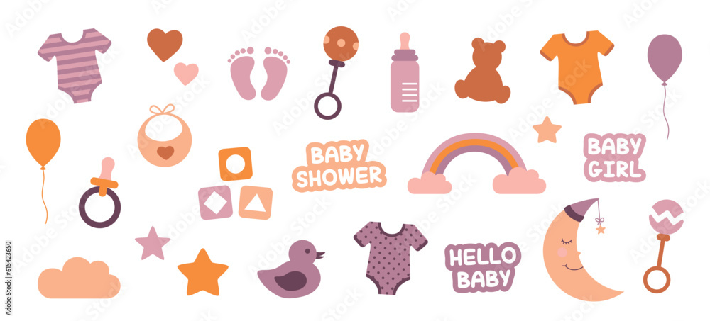 colorful set of baby utensils baby girl collection isolated on white vector illustration EPS10 colorful set of baby utensils baby girl collection isolated on white vector illustration EPS10