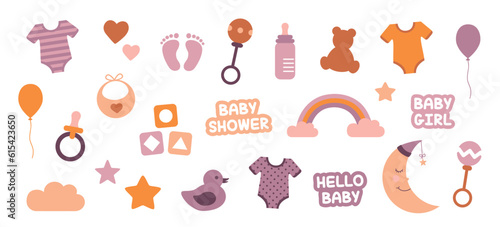 colorful set of baby utensils baby girl collection isolated on white vector illustration EPS10