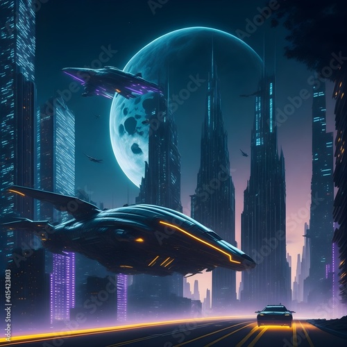 Futuristic Night City with Flying Vehicles and Neon Lights created with generative AI