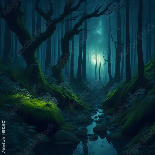 Magical Forest at Dusk with Luminous Brook and Floral Hills created with generative AI