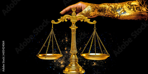 Captivating image of a mysterious hand holding golden justice scales, evoking emotions and hinting at undiscovered solutions – perfect for legal themes. Generative AI photo