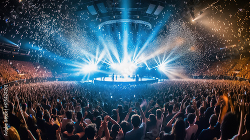 Große Konzerthalle von innen mit einem großen Publikum, von hinten mit blau-weißen Strahlern beleuchtete Bühne und aufgeheizter Atmosphäre - AI generated