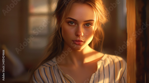 Blonde female model in striped shirt