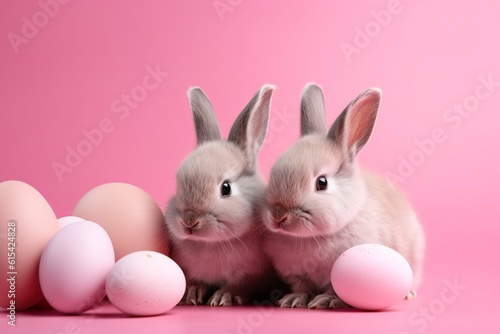 Sweet Easter Delights: Adorable Little Bunnies with Pink Solid and Easter Eggs, Adorable, Little Bunnies, Easter Eggs, Pink Solid, Cute, Spring, Holiday, Celebration, Festive,  © Sumon