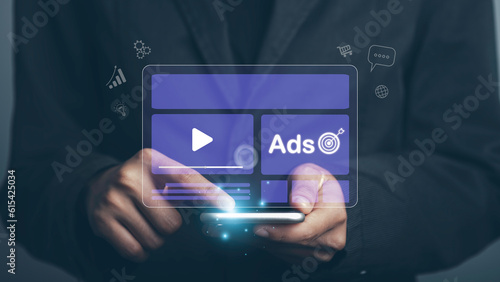 Target advertising online to success concept. programmatic Ad in feed on screen. Optimize advertisement target click through rate and conversion. Dashboard digital marketing strategy analysis.
