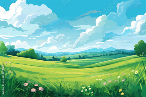 green meadow summer field blue sky illustration Generative AI