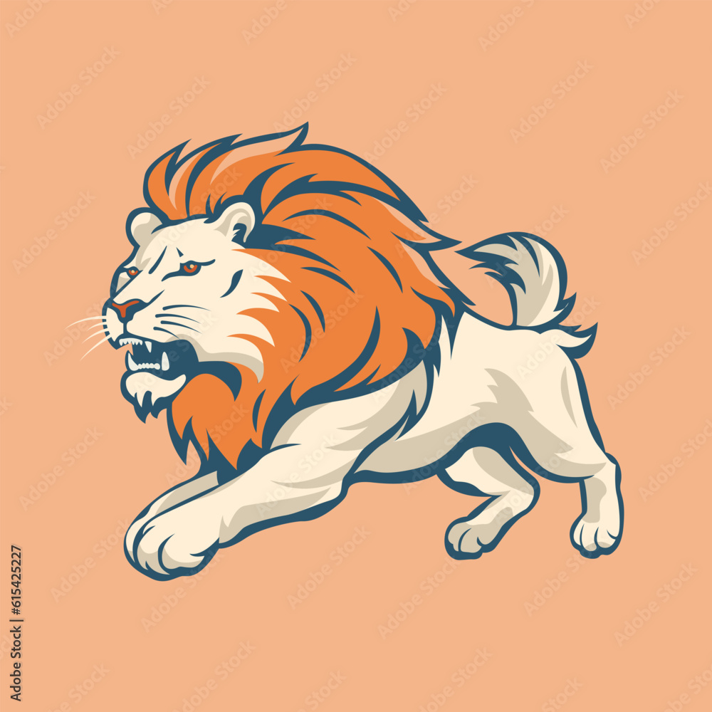 Running lion illustration. Angry wild animal. Colorful vector illustration.
