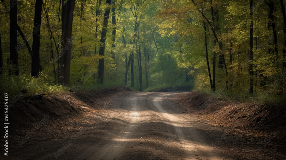 Obraz premium Winding dirt forest road. No people.