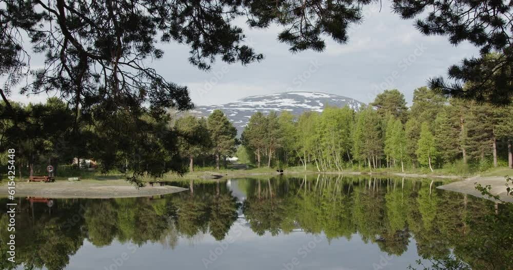 Beautiful lake at the foot of a mountain in Norway surrounded by coniferous trees. Beautiful lake at the foot of a mountain in Norway surrounded by coniferous trees.