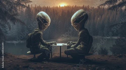 Photo of two extraterrestrial beings having a conversation while seated at a table in a forest
