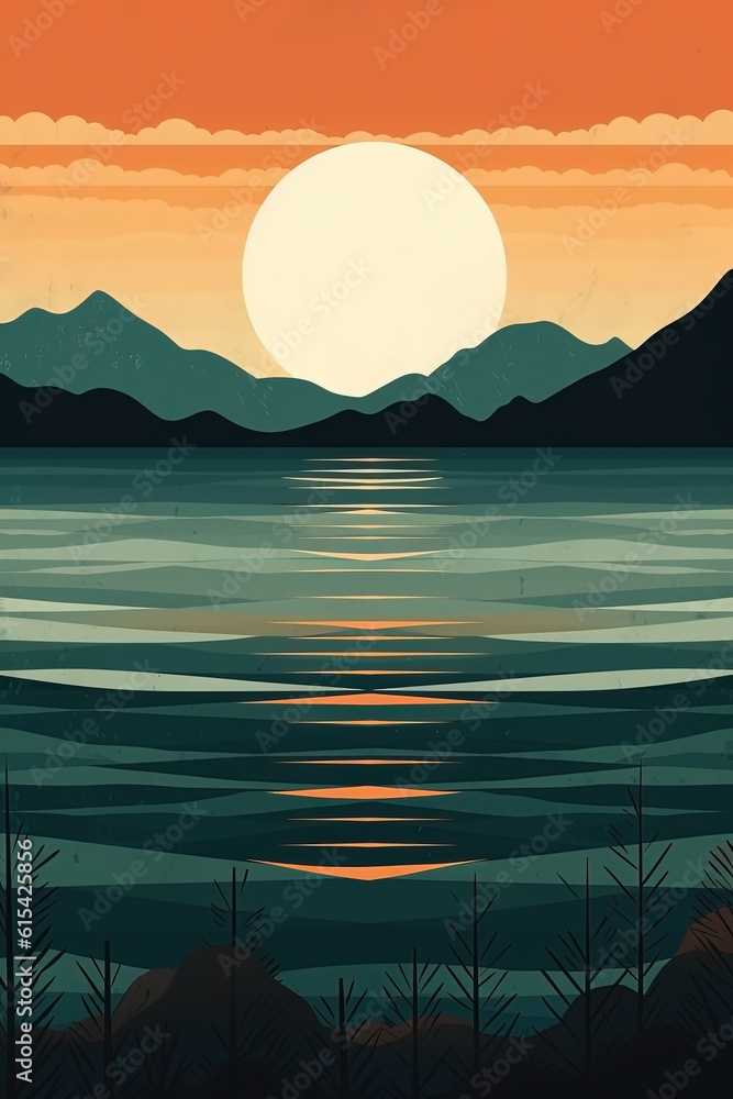 Boho mountains, water and sunset landscape illustration. Ai generated