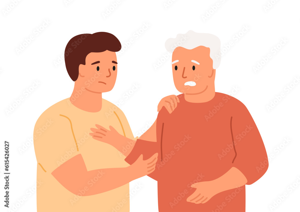 Scared elderly man with young guy who provides support. Dementia, depression, cognitive disorder concept. Worry old male, memory loss. Social worker, grandson help senior person. Vector illustration. Scared elderly man with young guy who provides support. Dementia, depression, cognitive disorder concept. Worry old male, memory loss. Social worker, grandson help senior person. Vector illustration.