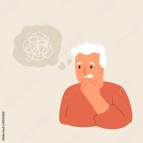 Troubled old man portrait with abstract thoughts cloud. Dementia concept, memory loss, scared senior male. Elderly person in stress. Brain disease vector illustration, health problem