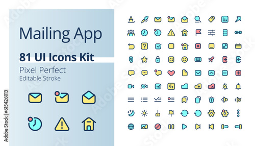 Mailing app pixel perfect RGB color ui icons kit. Communication technology. Sending message on internet. GUI, UX design for mobile app. Vector isolated pictograms. Editable stroke. Poppins font used