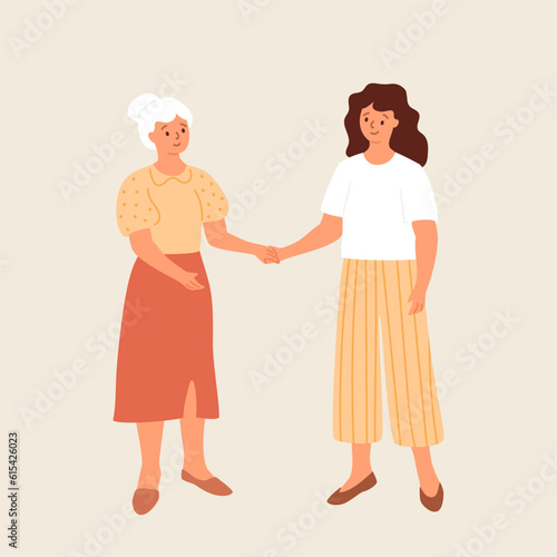 Elderly woman and young girl are holding hands. Mother and daughter in good relationship, family support. Positive people. Vector illustration with two females in different ages.