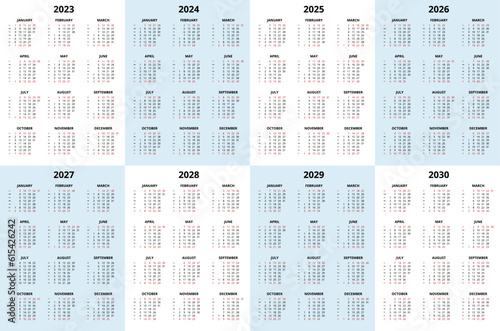Calendar Planner 2023 - 2030. Calendar template. Design Print Template.