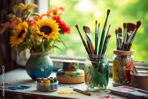 paint brushes in a glass next to the flowers on the window sill