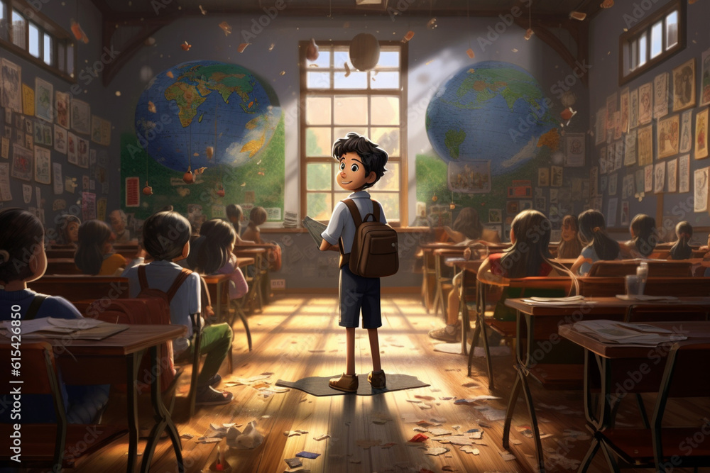 Illustration of little boy stands in center of class in school