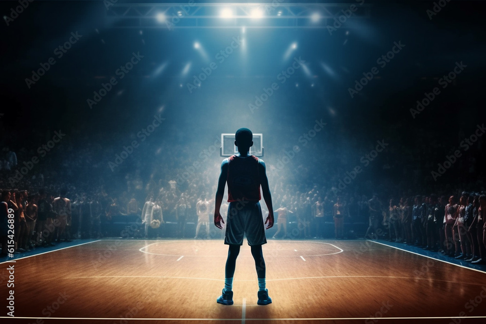 Man stands on basketball court with light on foreground Man stands on basketball court with light on foreground